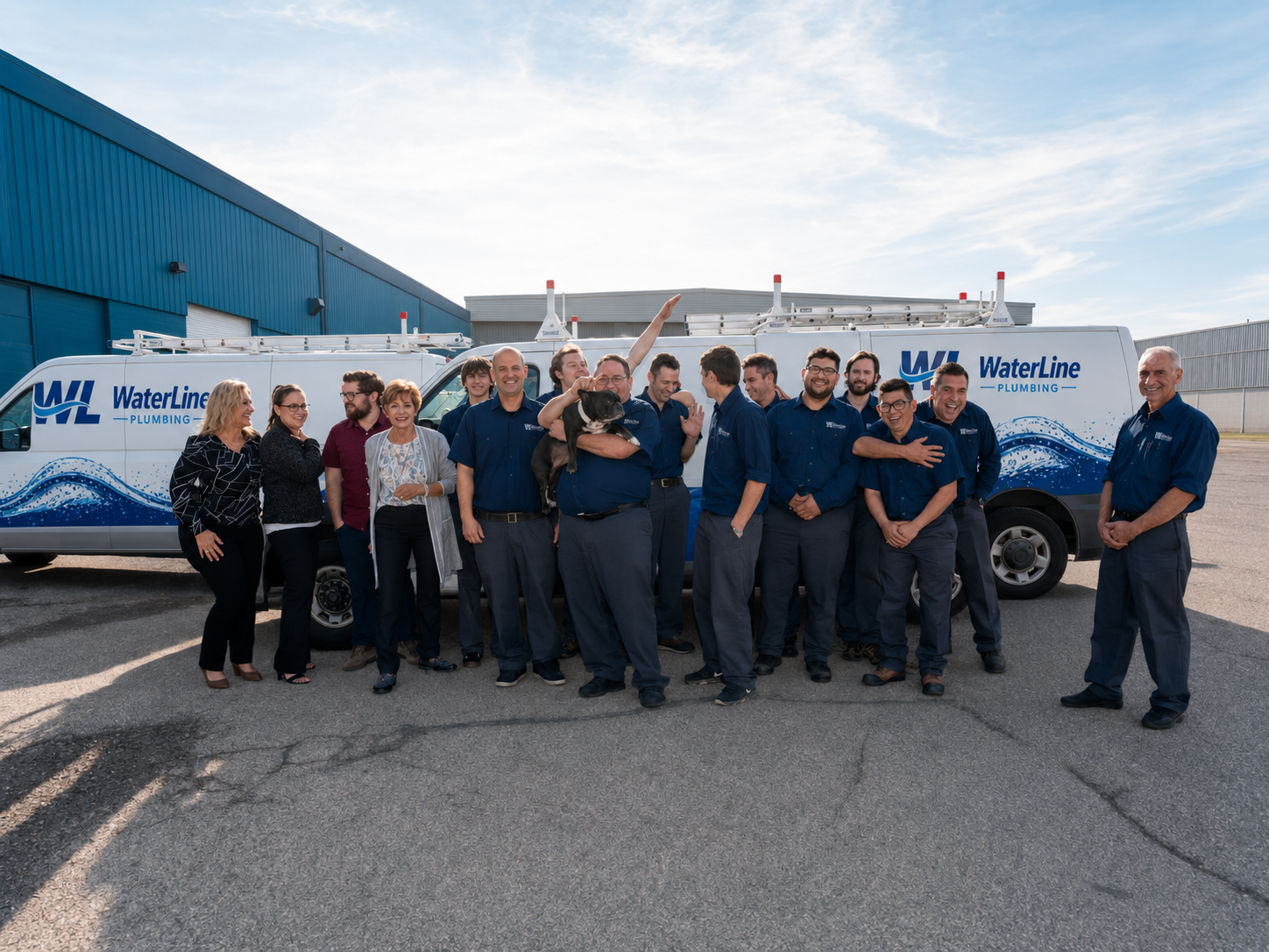 The WaterLine Plumbing team of licensed plumbers standing with branded service vans in Surrey, BC